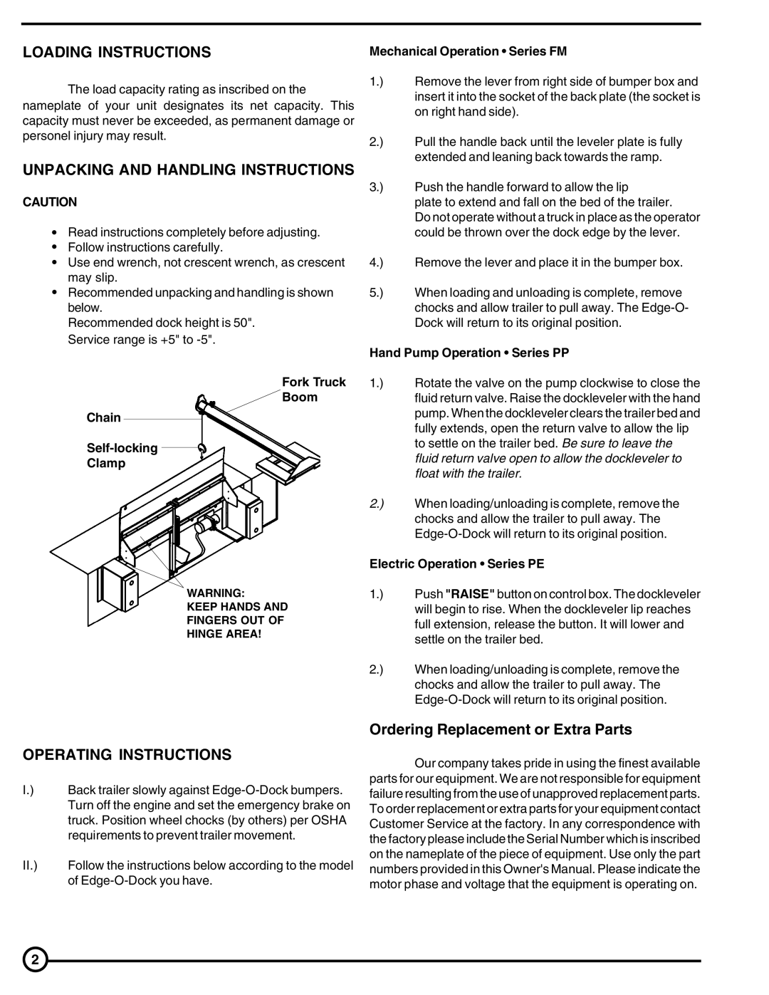 Skil PE Series, PP Series, FM Series Loading Instructions, Unpacking and Handling Instructions, Operating Instructions 