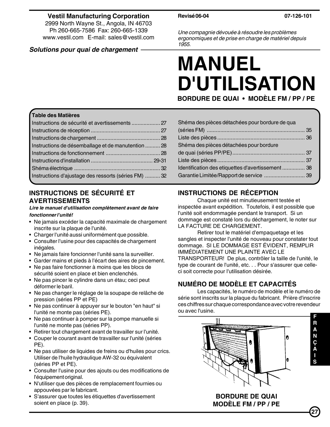 Skil PP Series Bordure DE Quai Modèle FM / PP / PE, Instructions DE Sécurité ET Avertissements, Instructions DE Réception 