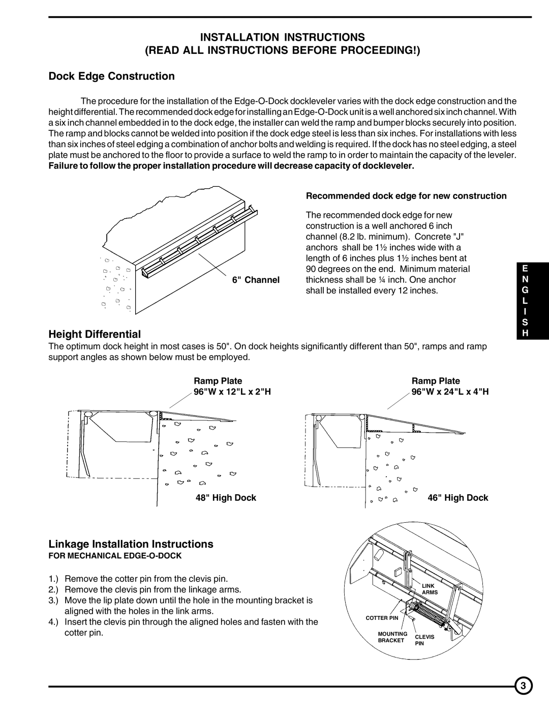 Skil PP Series, FM Series Dock Edge Construction, Height Differential, Linkage Installation Instructions, G L I S H 