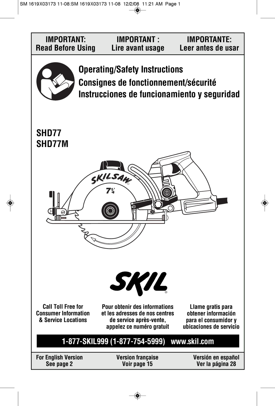 Skil SHD77 manual Leer antes de usar, SM 1619X03173 11-08SM 1619X03173 11-08 12/2/08 1121 AM, Call Toll Free for 