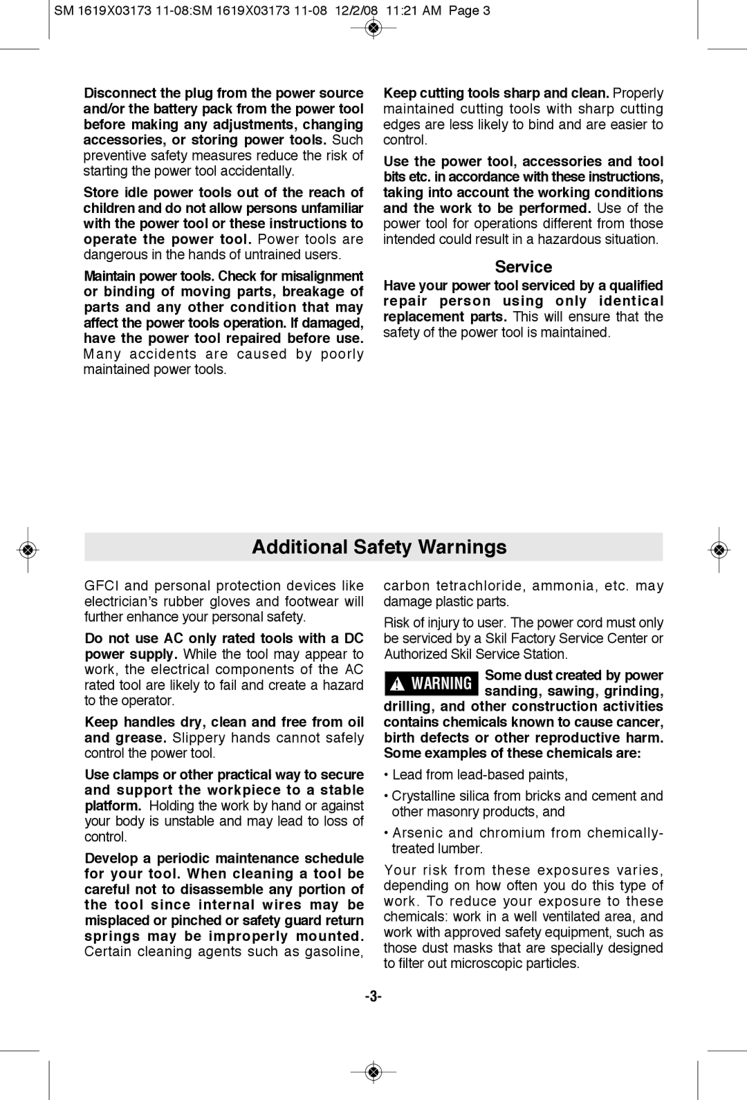 Skil SHD77 manual Additional Safety Warnings, Service, Some dust created by power 