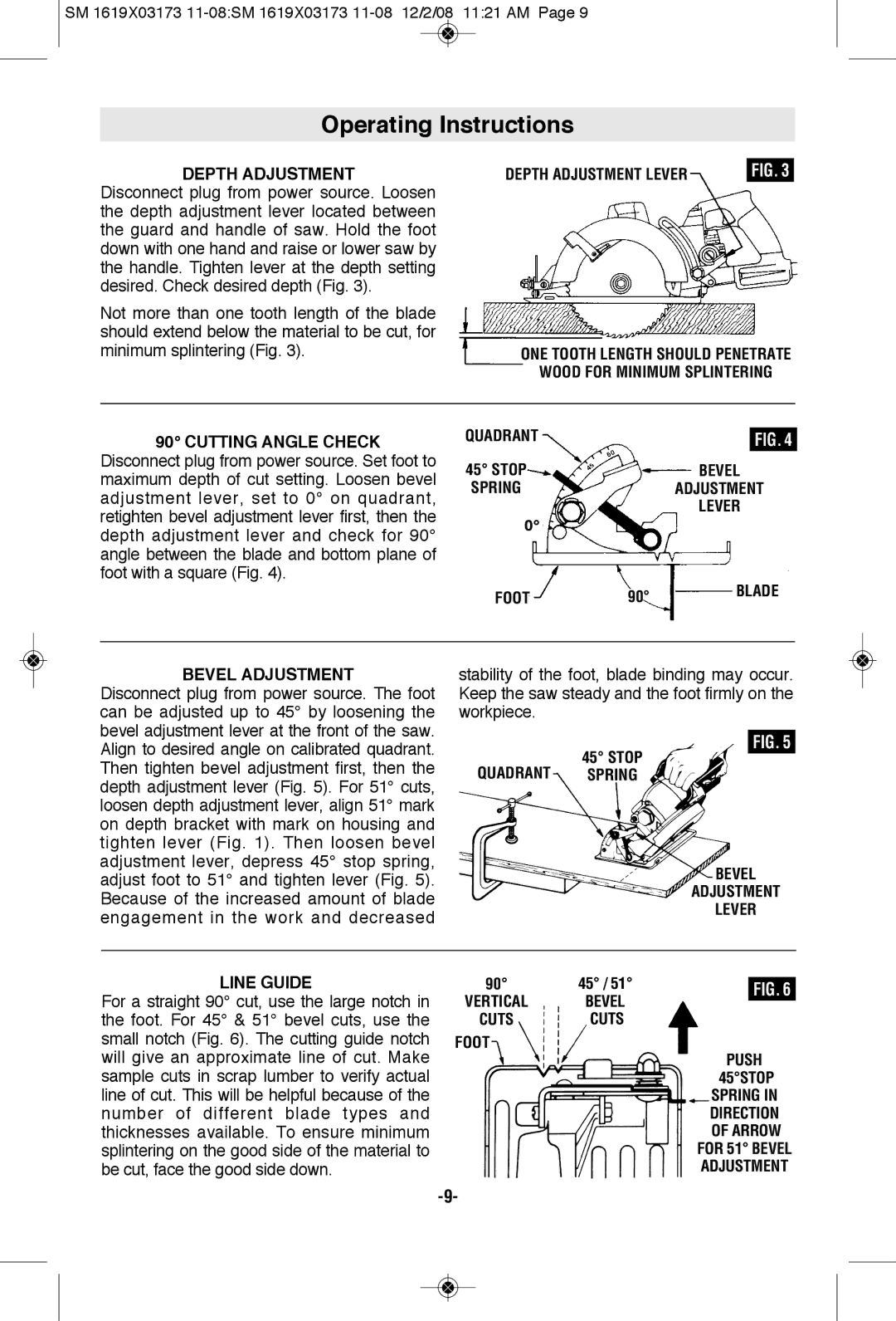 Skil SHD77 manual Operating Instructions, Foot Blade, Quadrant Spring Bevel Adjustment Lever Line Guide, Vertical Bevel 