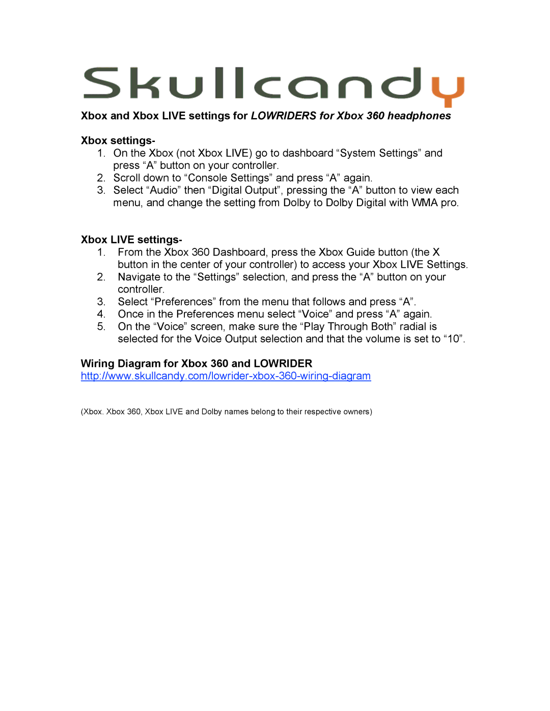 Skullcandy Lowriders manual Xbox settings, Xbox Live settings, Wiring Diagram for Xbox 360 and Lowrider 