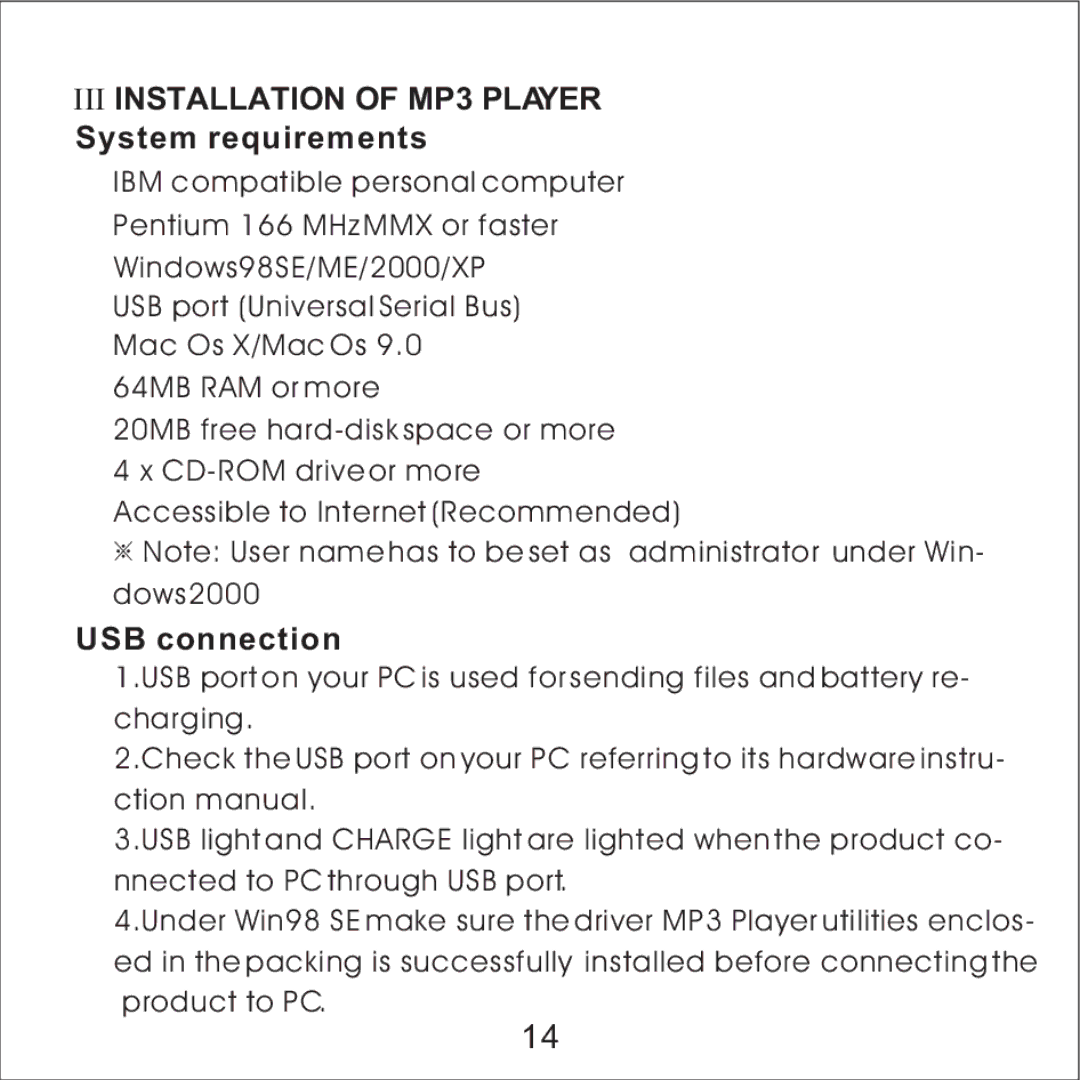 Skullcandy MacGyver manual III Installation of MP3 Player System requirements, USB connection 