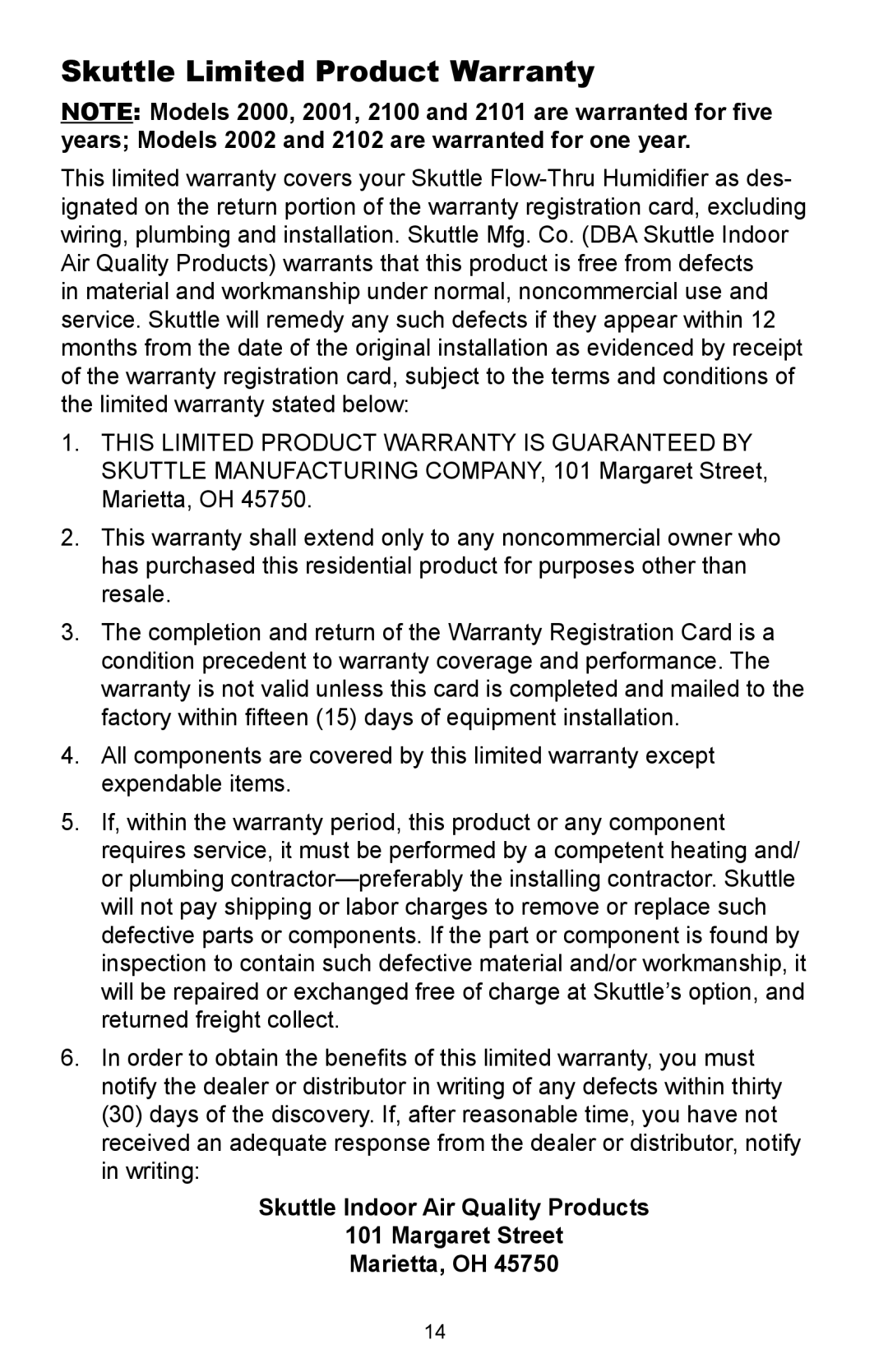 Skuttle Indoor Air Quality Products 2100, 2102 owner manual Skuttle Limited Product Warranty 