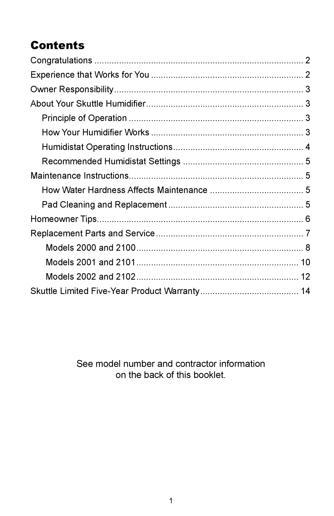 Skuttle Indoor Air Quality Products 2102, 2100 owner manual Contents 