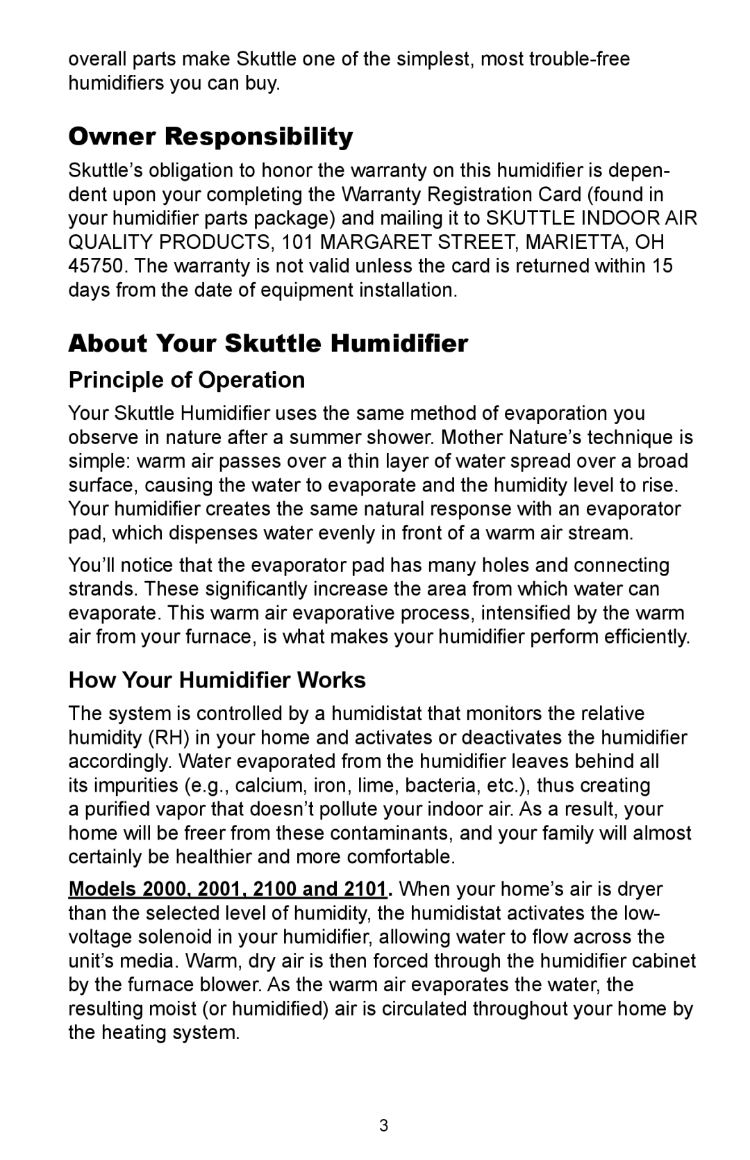 Skuttle Indoor Air Quality Products 2102, 2100 owner manual Owner Responsibility, About Your Skuttle Humidifier 