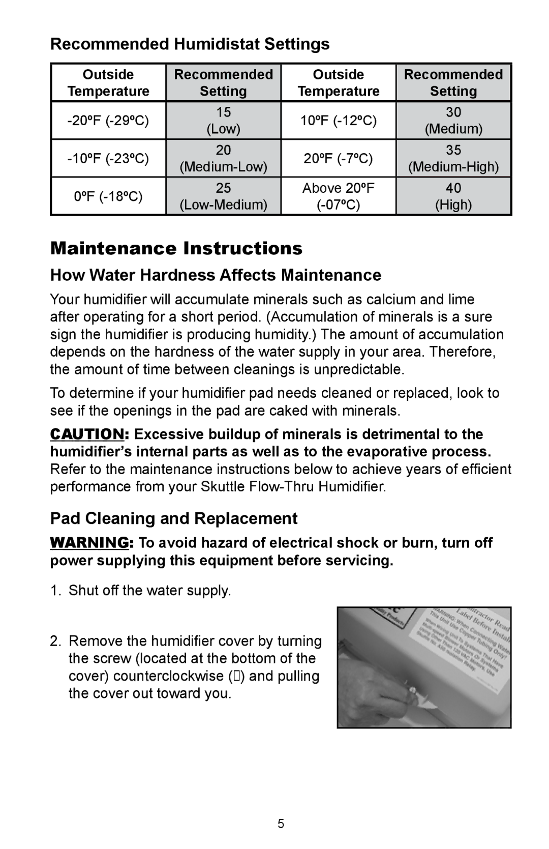 Skuttle Indoor Air Quality Products 2102, 2100 owner manual Maintenance Instructions, Recommended Humidistat Settings 