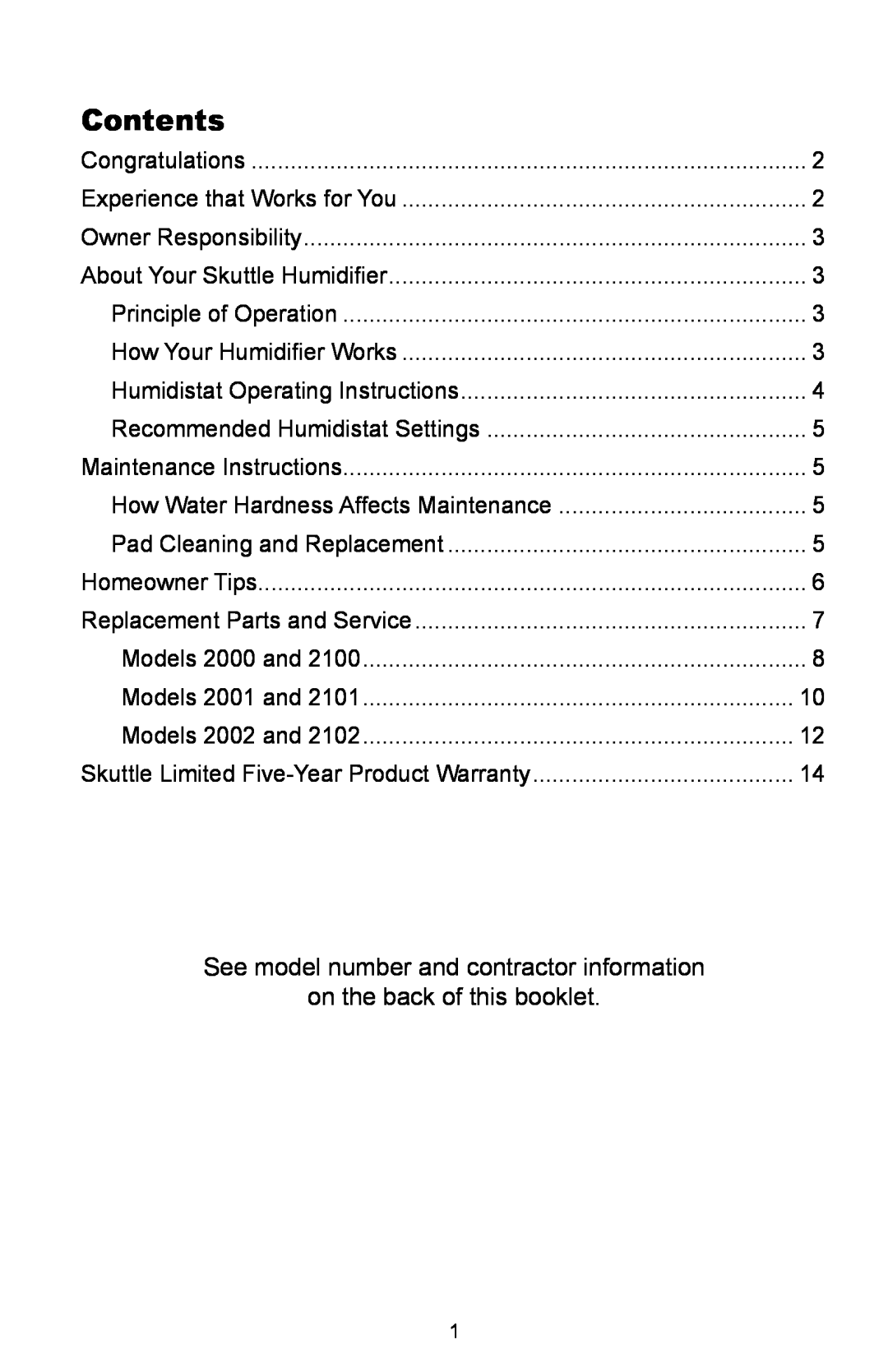 Skuttle Indoor Air Quality Products 2102, 2100 owner manual Contents, See model number and contractor information 