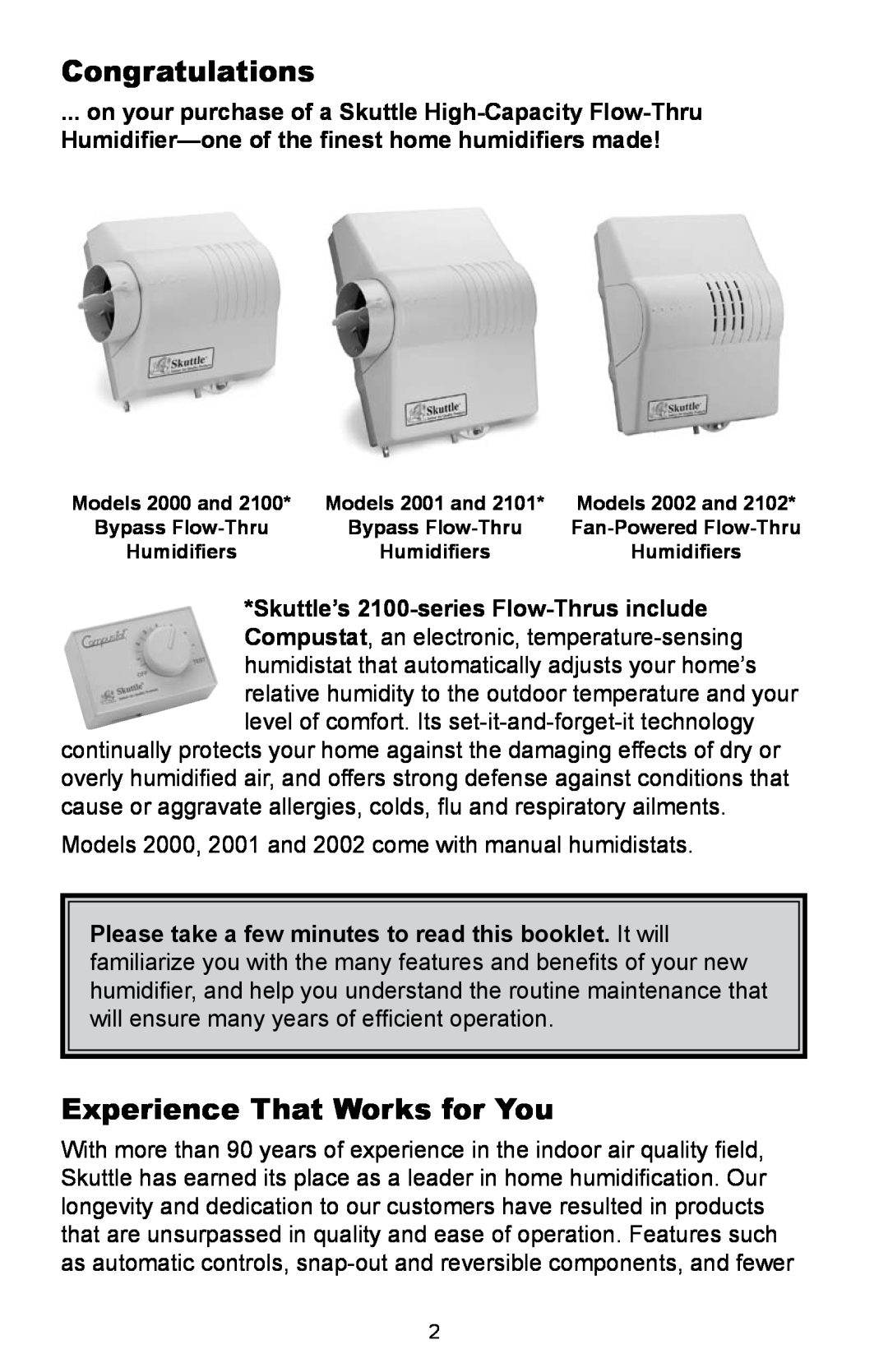 Skuttle Indoor Air Quality Products 2100, 2102 owner manual Congratulations, Experience That Works for You, Bypass Flow-Thru 