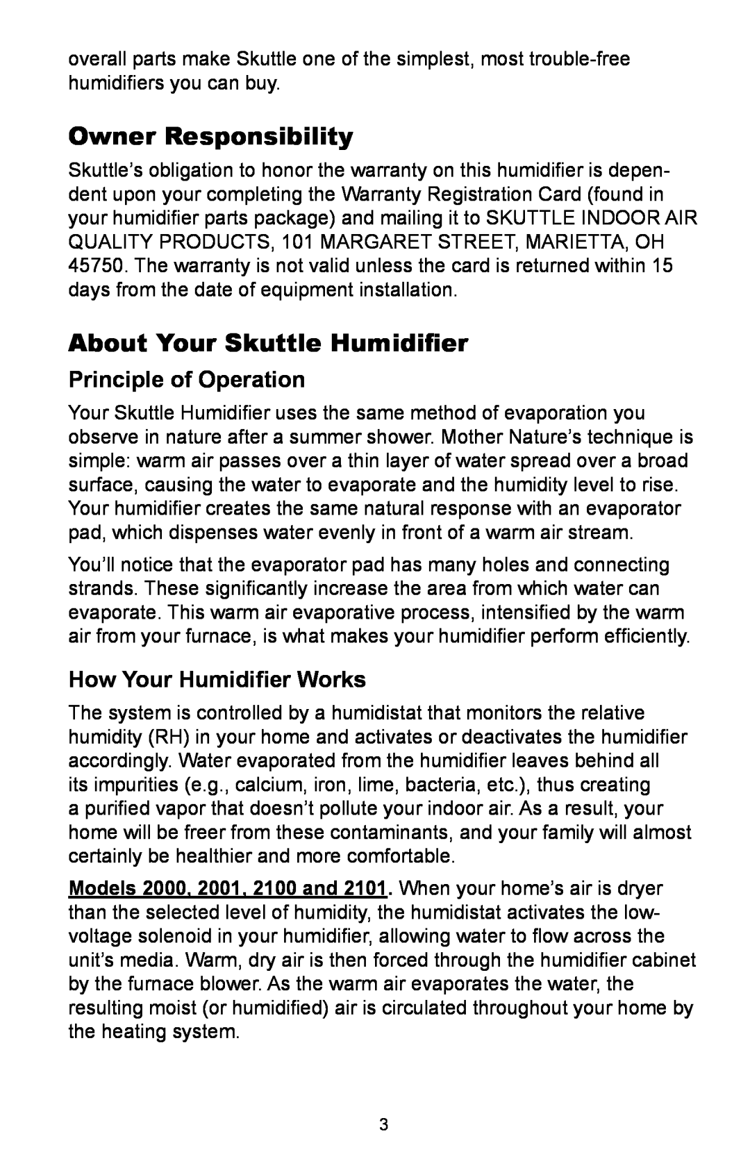 Skuttle Indoor Air Quality Products 2102, 2100 Owner Responsibility, About Your Skuttle Humidifier, Principle of Operation 