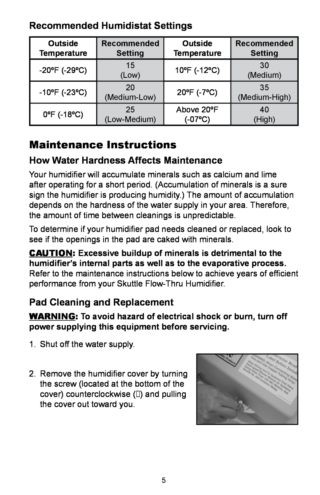 Skuttle Indoor Air Quality Products 2102, 2100 owner manual Maintenance Instructions, Recommended Humidistat Settings 