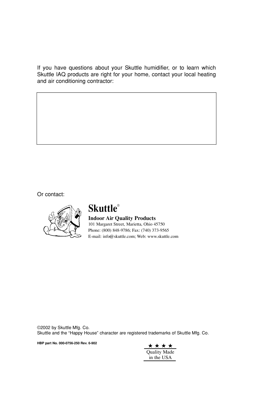 Skuttle Indoor Air Quality Products 45, 190 owner manual Skuttle 