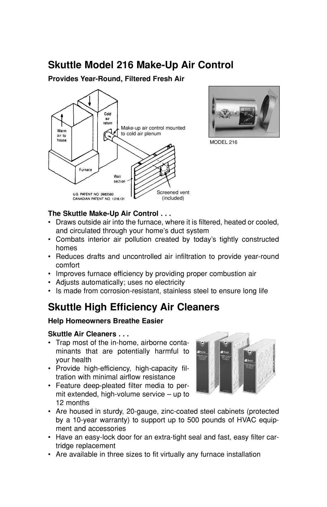 Skuttle Indoor Air Quality Products 45, 190 Skuttle Model 216 Make-UpAir Control, Skuttle High Efficiency Air Cleaners 
