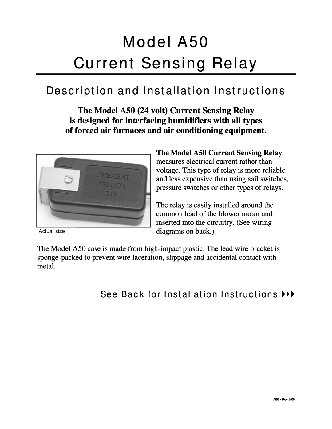 Skuttle Indoor Air Quality Products installation instructions Model A50 Current Sensing Relay 