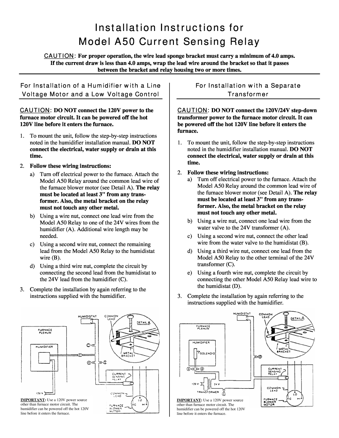 Skuttle Indoor Air Quality Products Installation Instructions for Model A50 Current Sensing Relay 