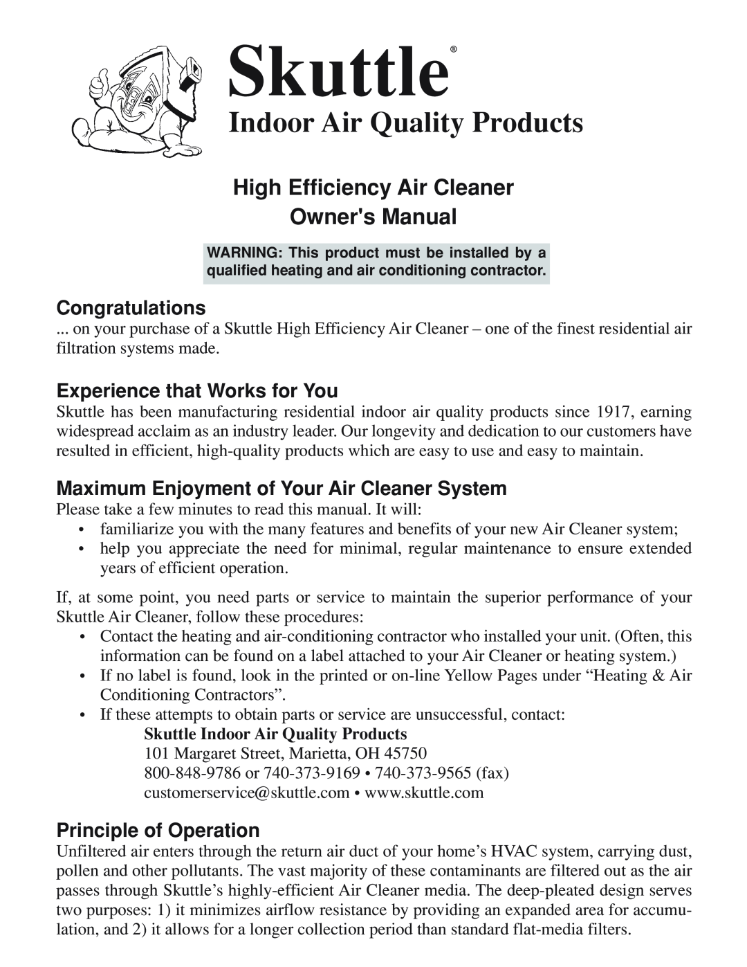 Skuttle Indoor Air Quality Products Air Cleaner owner manual Congratulations, Experience that Works for You, Skuttle 