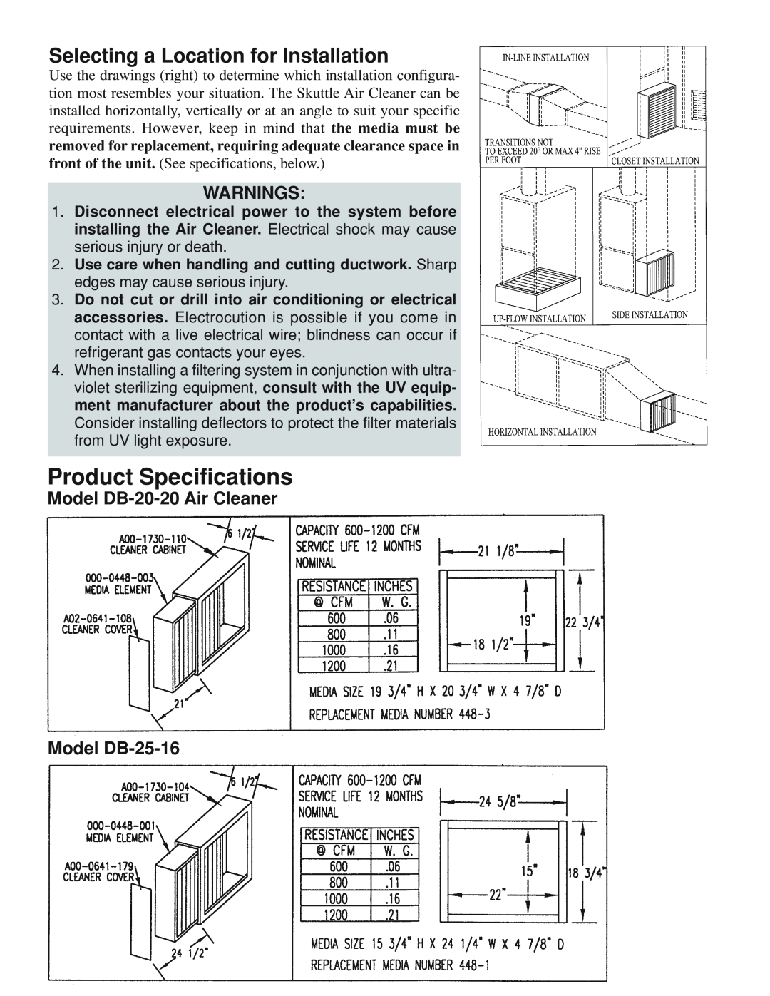Skuttle Indoor Air Quality Products Air Cleaner Product Specifications, Selecting a Location for Installation, Warnings 