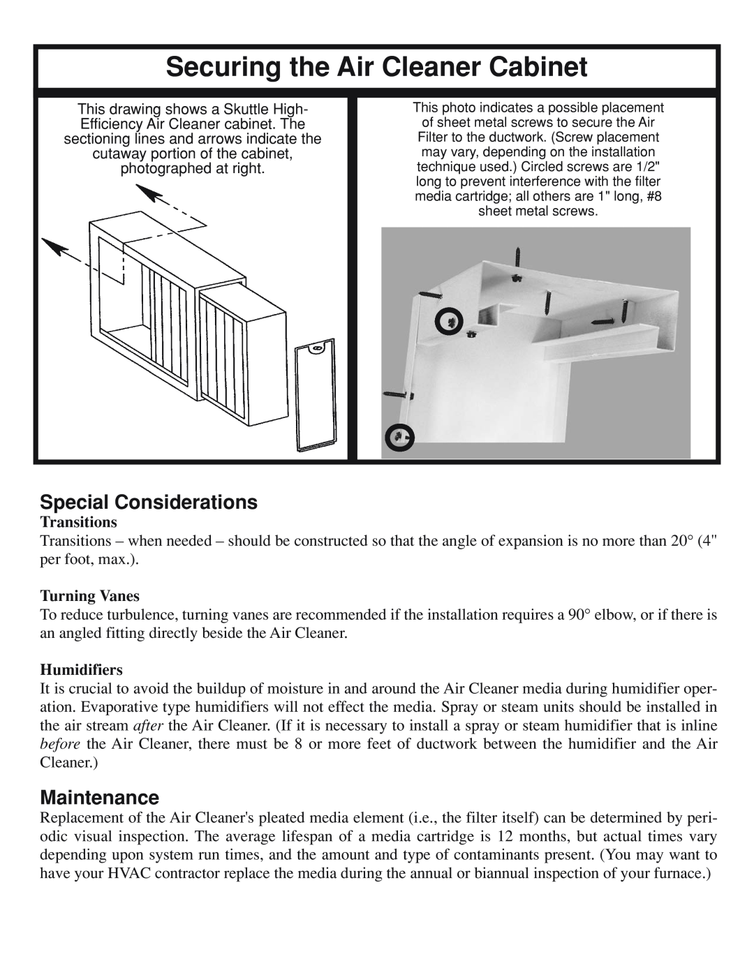 Skuttle Indoor Air Quality Products Special Considerations, Maintenance, Securing the Air Cleaner Cabinet, Transitions 