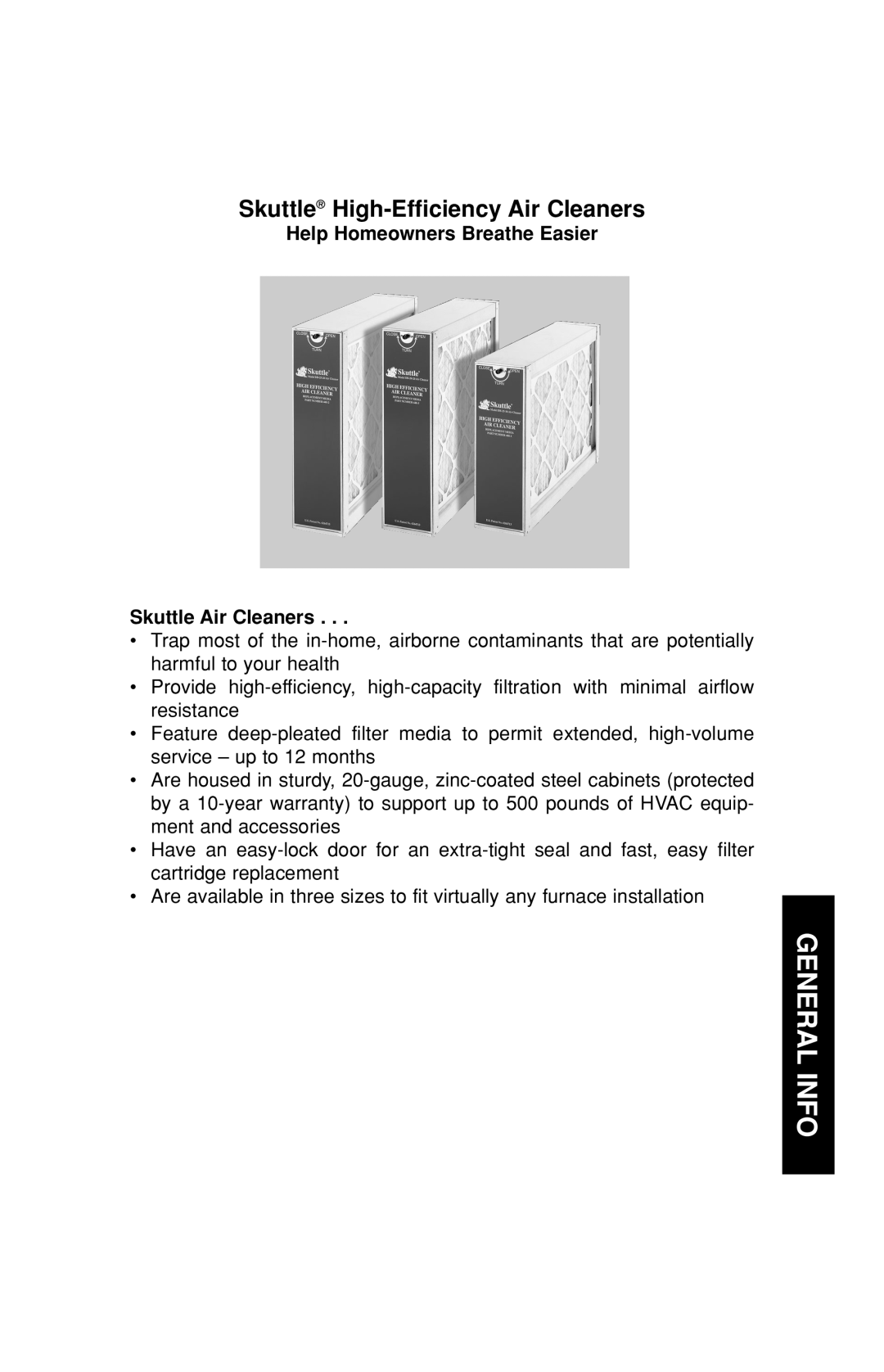 Skuttle Indoor Air Quality Products F60-1, F60-2 Skuttle High-EfficiencyAir Cleaners, General Info, Skuttle Air Cleaners 