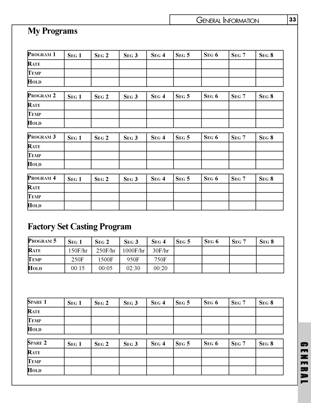 Skuttle Indoor Air Quality Products Klin manual My Programs, Factory Set Casting Program, 150F/hr 250F/hr 1000F/hr 30F/hr 