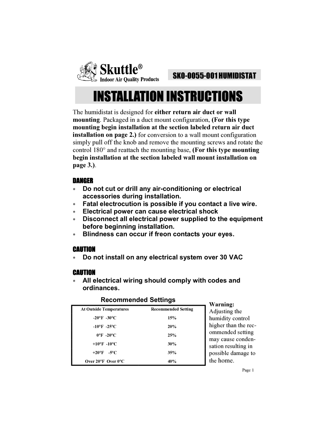 Skuttle Indoor Air Quality Products SK0-0055-001 installation instructions Installation Instructions 