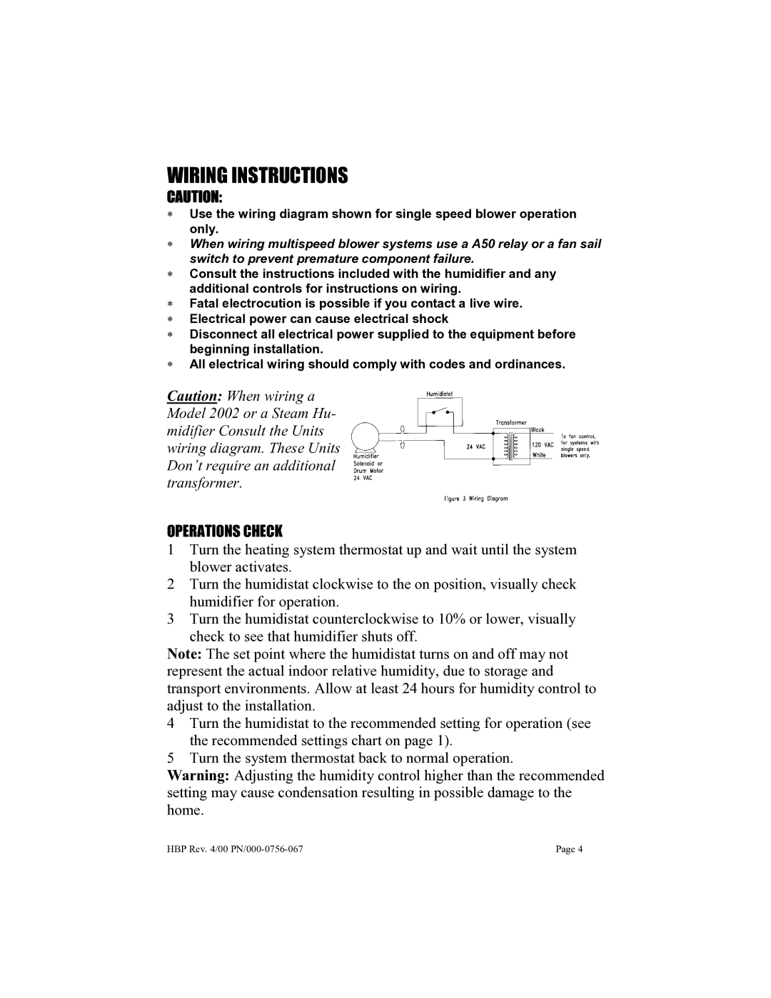 Skuttle Indoor Air Quality Products SK0-0055-001 installation instructions Wiring Instructions, Operations Check 