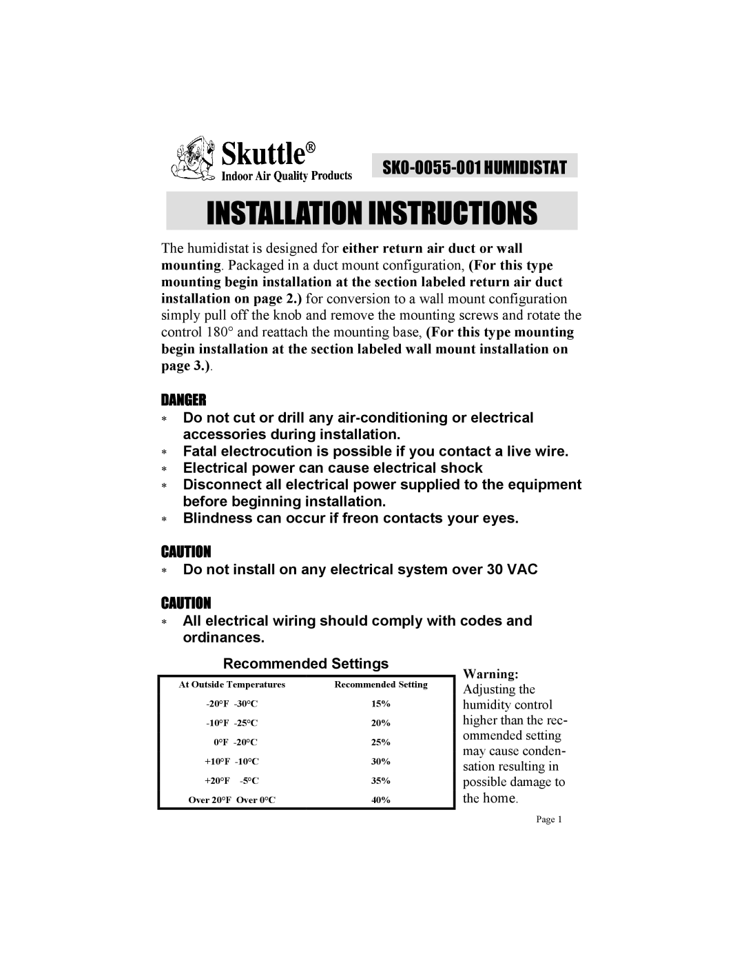Skuttle Indoor Air Quality Products SK0-0055-001 installation instructions Danger, Installation Instructions 