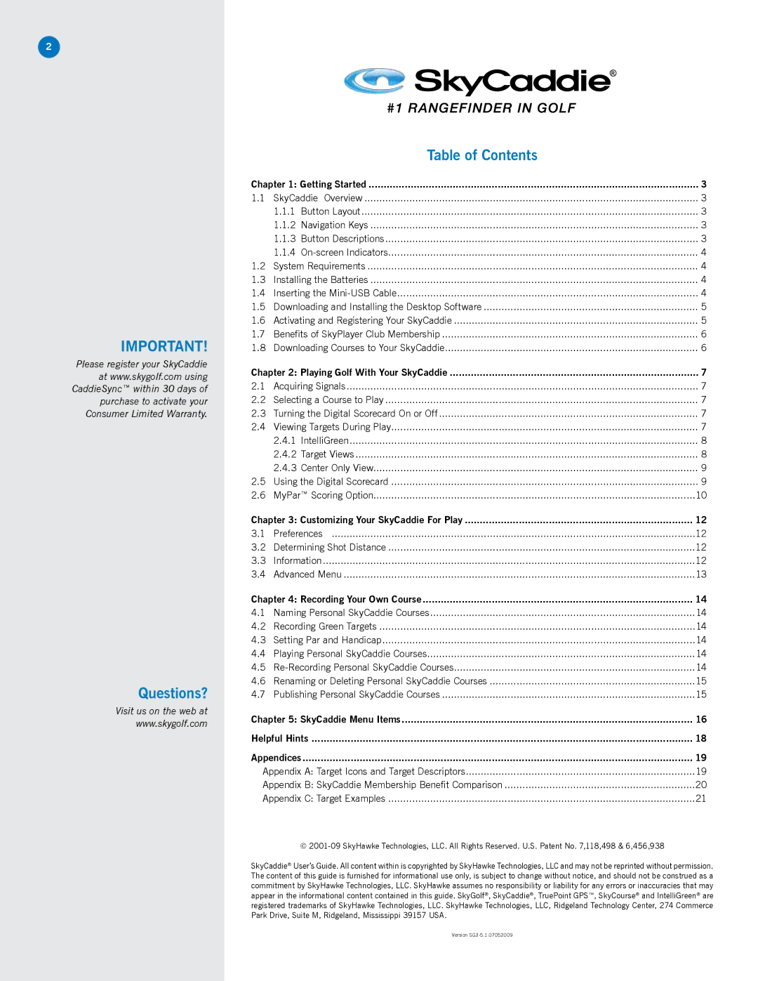 SkyGolf SG3.5 manual Questions?, Table of Contents 