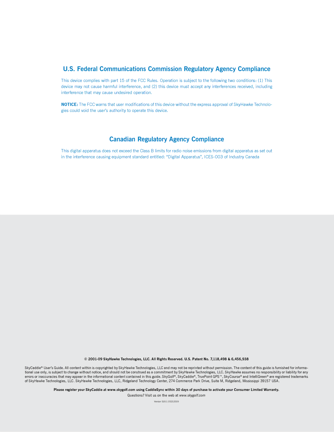 SkyGolf SG3.5 manual Canadian Regulatory Agency Compliance 