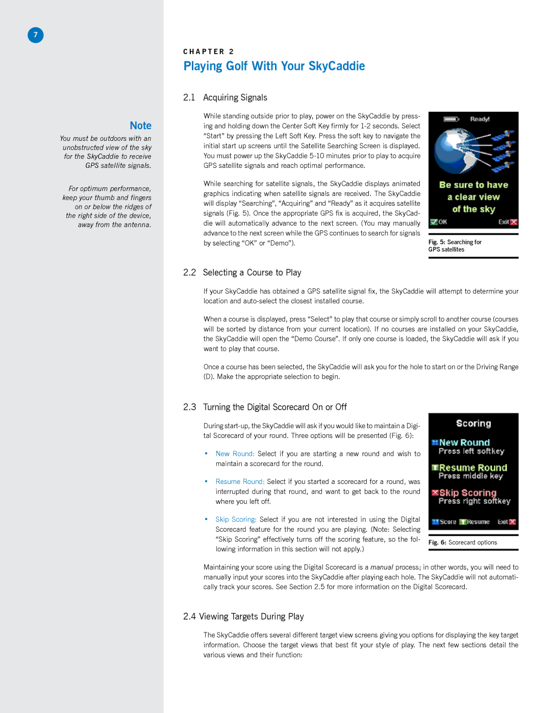 SkyGolf SG3.5 Playing Golf With Your SkyCaddie, Acquiring Signals, Selecting a Course to Play, Viewing Targets During Play 