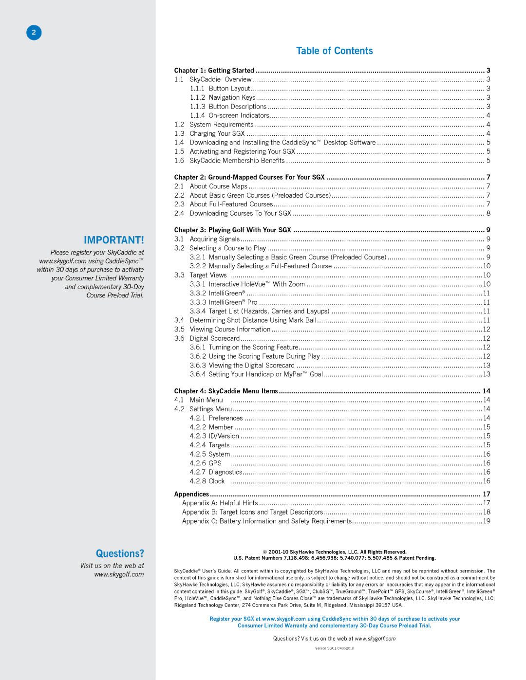 SkyGolf SGX manual Questions?, Table of Contents 