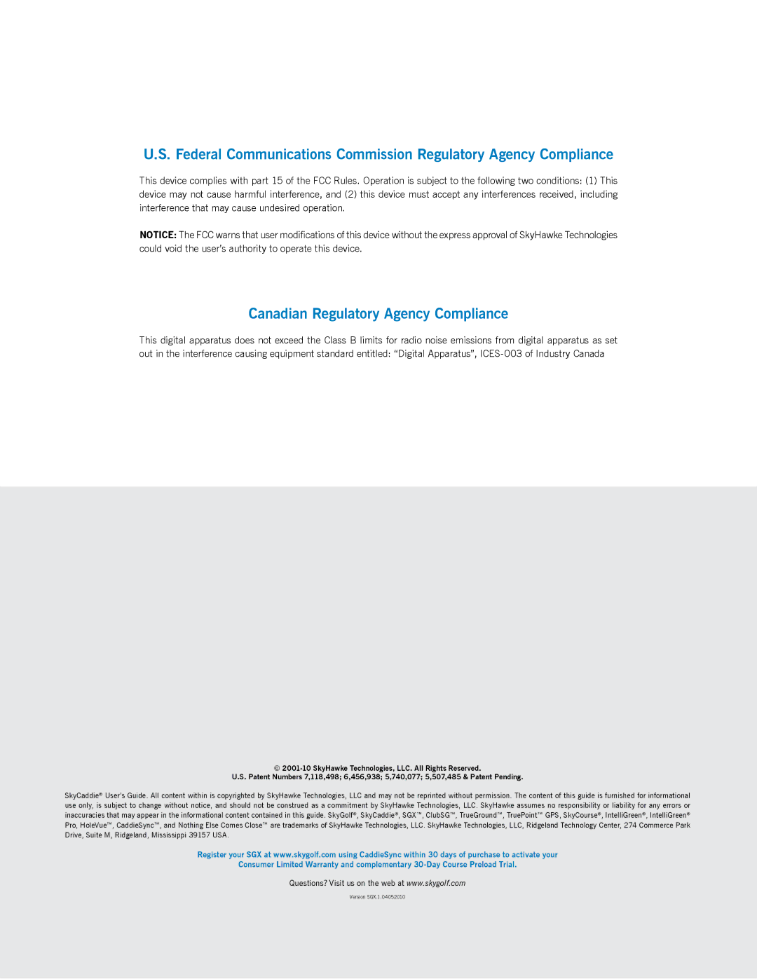 SkyGolf SGX manual Canadian Regulatory Agency Compliance 