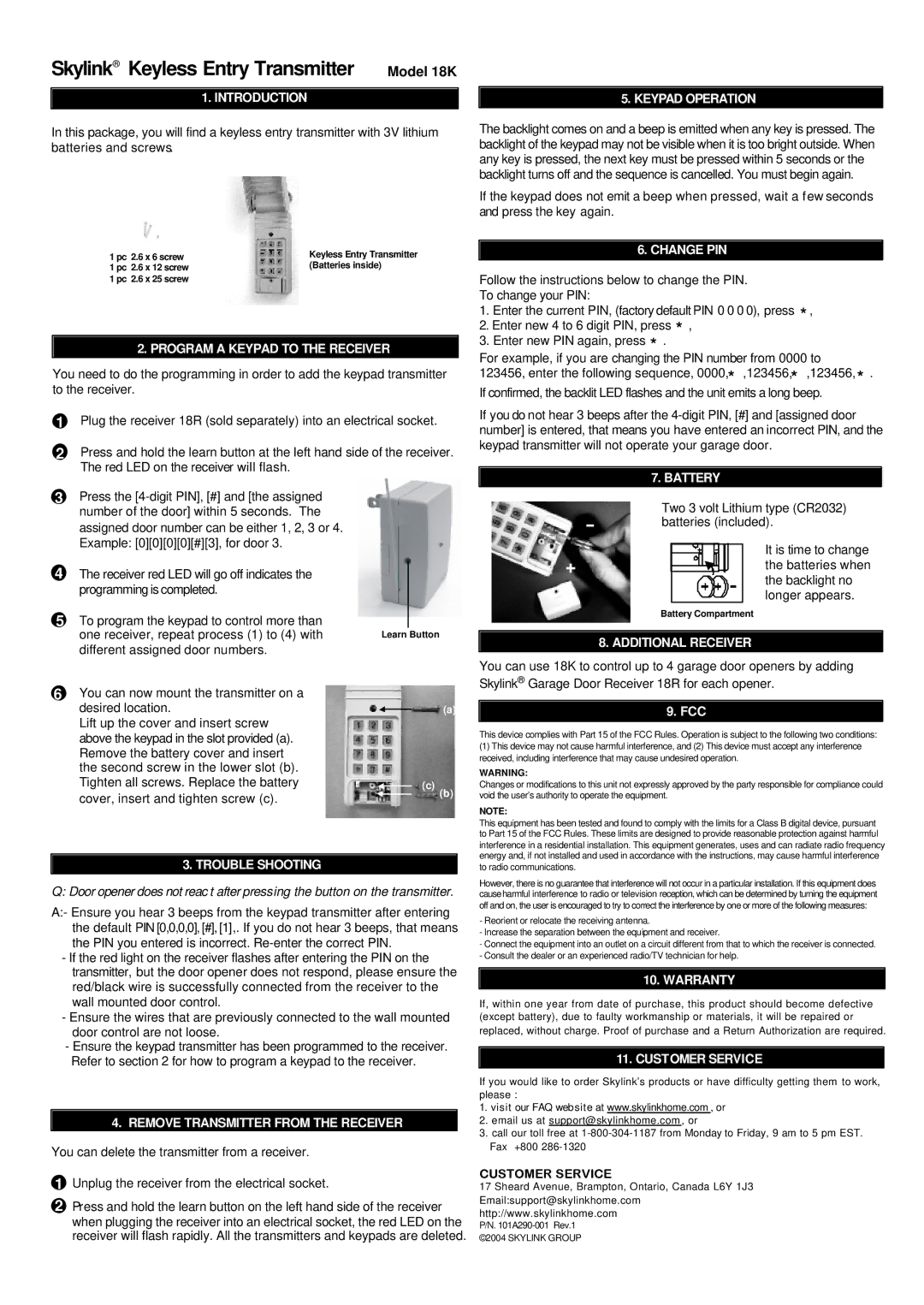 SkyLink 18K warranty Introduction Keypad Operation, Program a Keypad to the Receiver, Change PIN, Battery, Warranty 