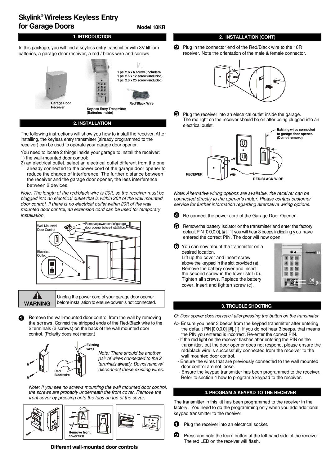 SkyLink manual Model 18KR, Different wall-mounted door controls, Introduction Installation, Trouble Shooting 