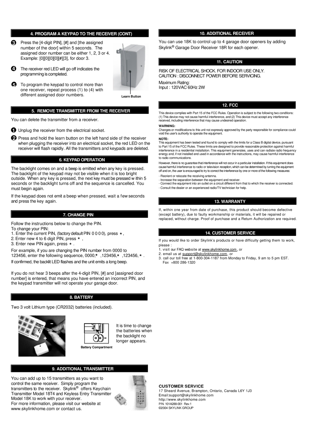 SkyLink 18KR Remove Transmitter from the Receiver, Keypad Operation, Change PIN, Battery Additional Receiver, Warranty 