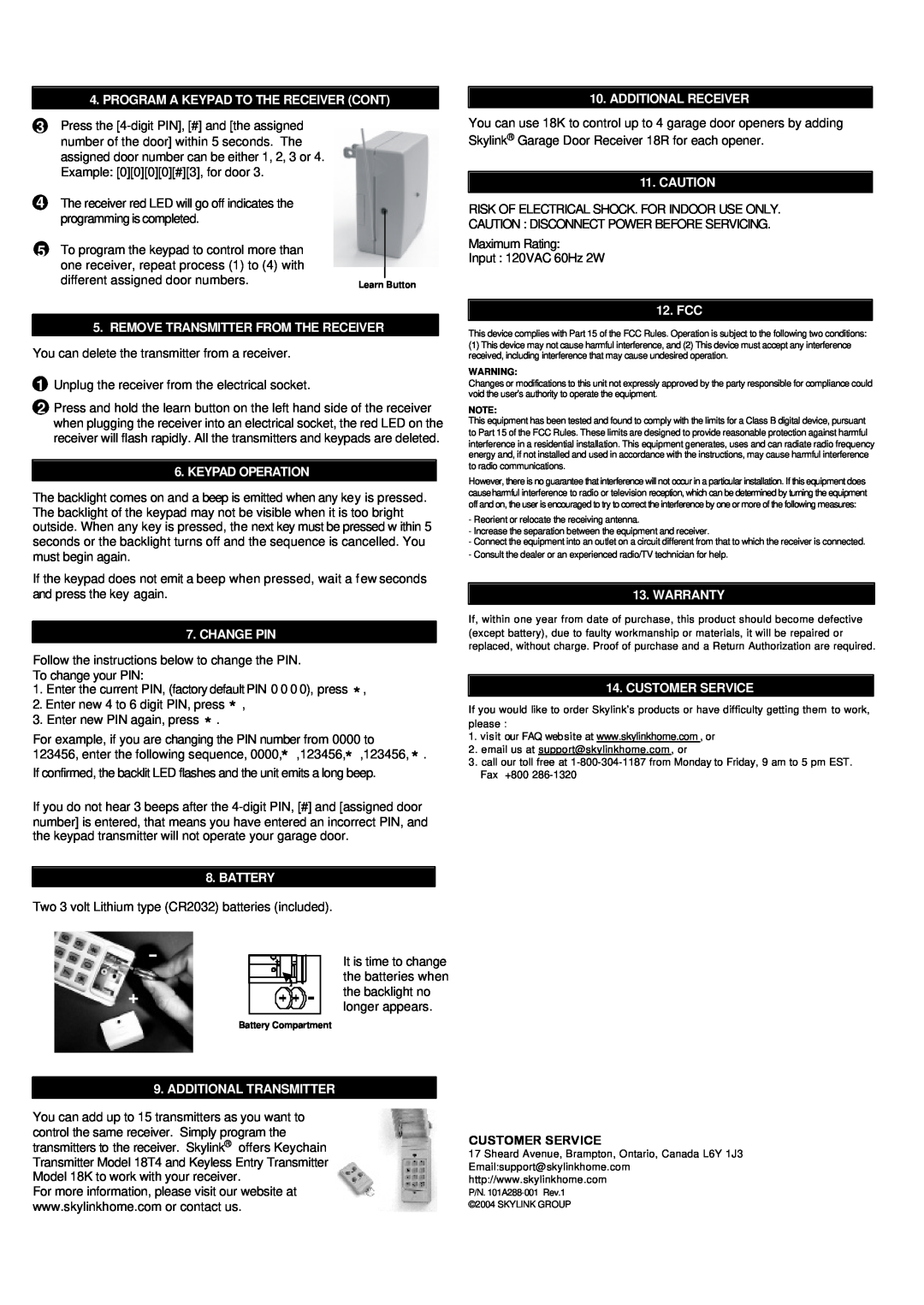 SkyLink 18KR manual different assigned door numbers, Customer Service 