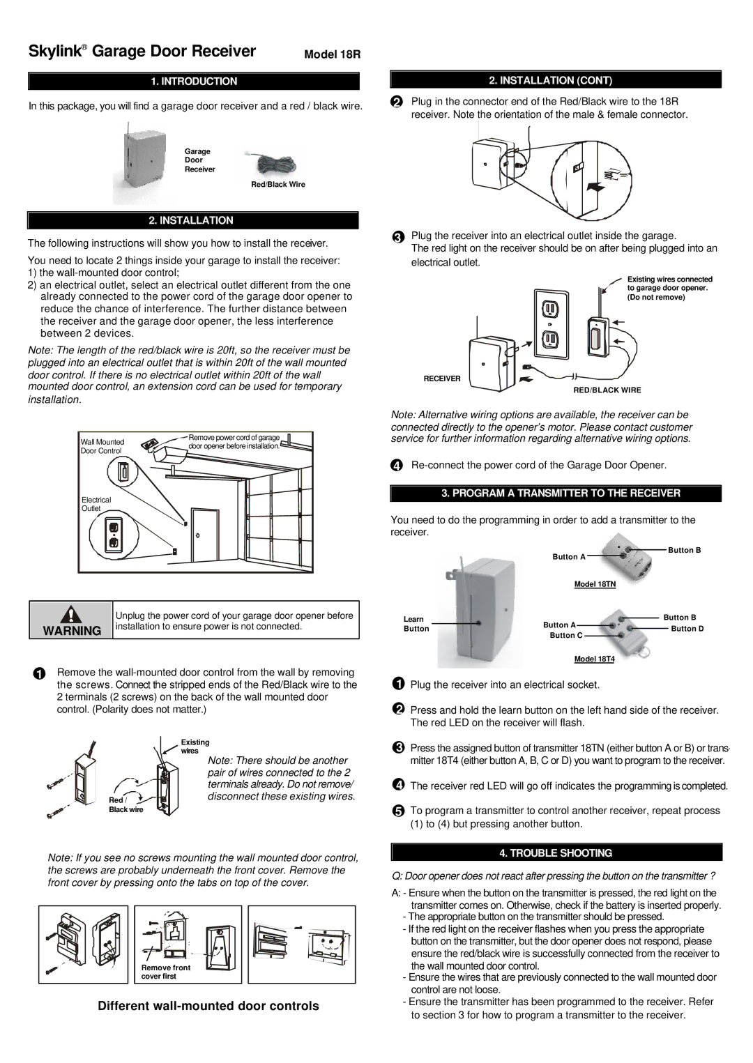 SkyLink 18R manual Introduction, Installation, Program a Transmitter to the Receiver, Trouble Shooting 