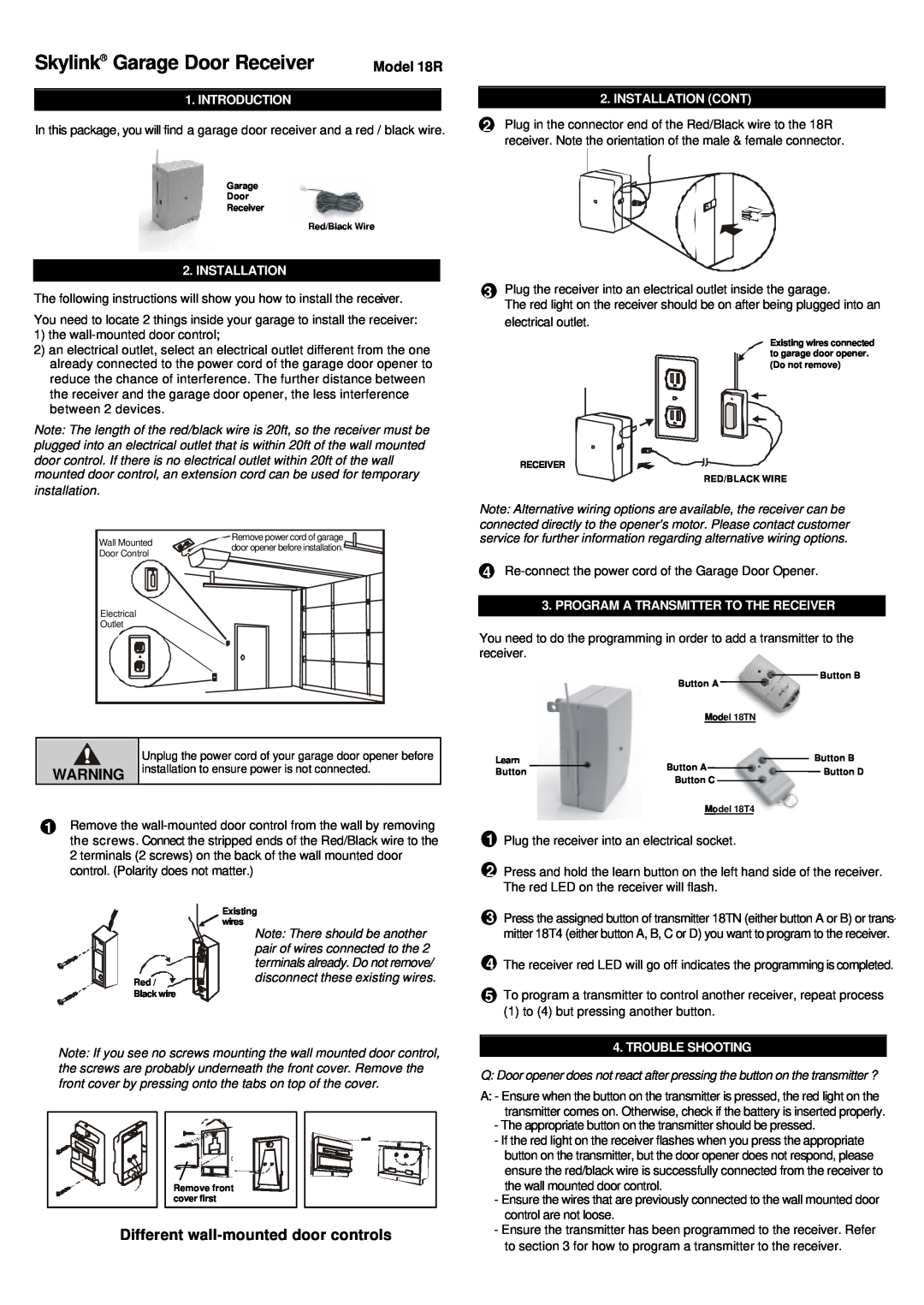SkyLink manual Introduction, Installation Cont, Program A Transmitter To The Receiver, Trouble Shooting, Model 18R 