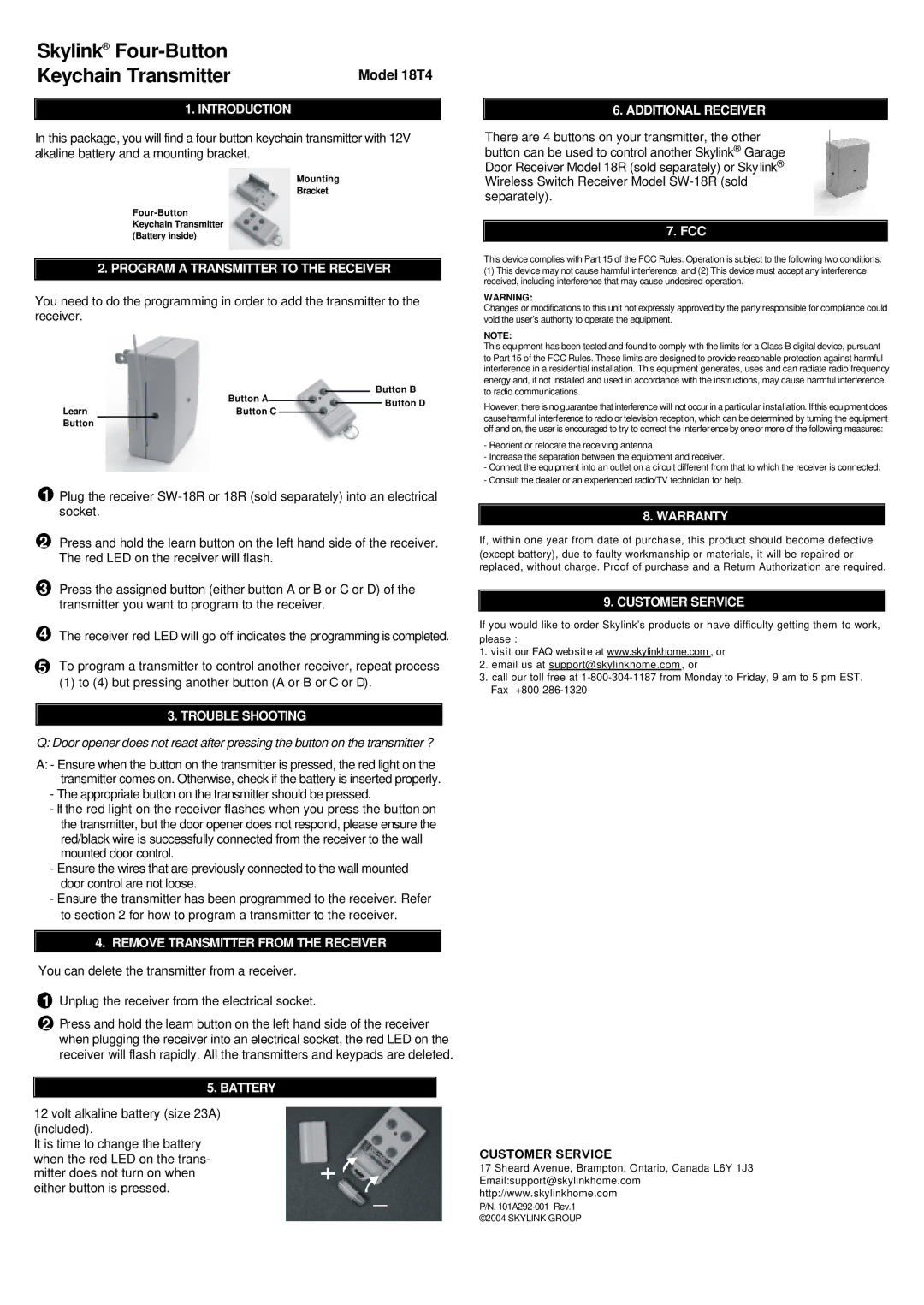 SkyLink 18T4 warranty Introduction, Program a Transmitter to the Receiver, Trouble Shooting, Battery, Additional Receiver 