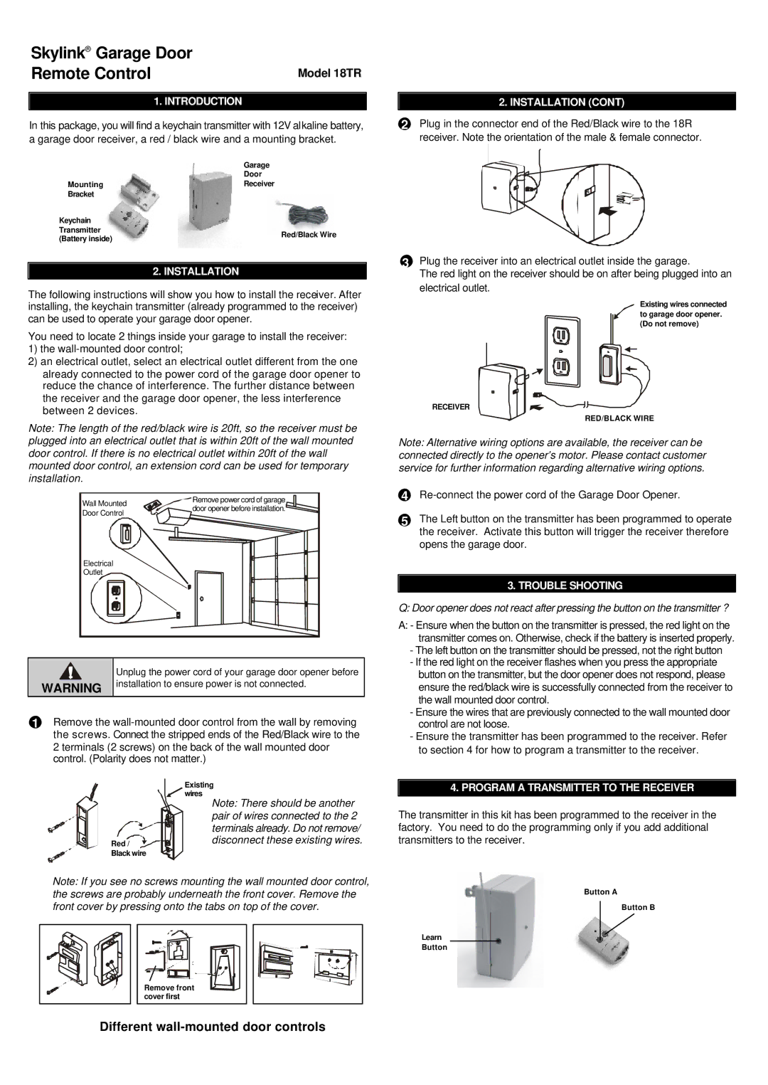 SkyLink 18TR manual Introduction, Installation, Trouble Shooting, Program a Transmitter to the Receiver 