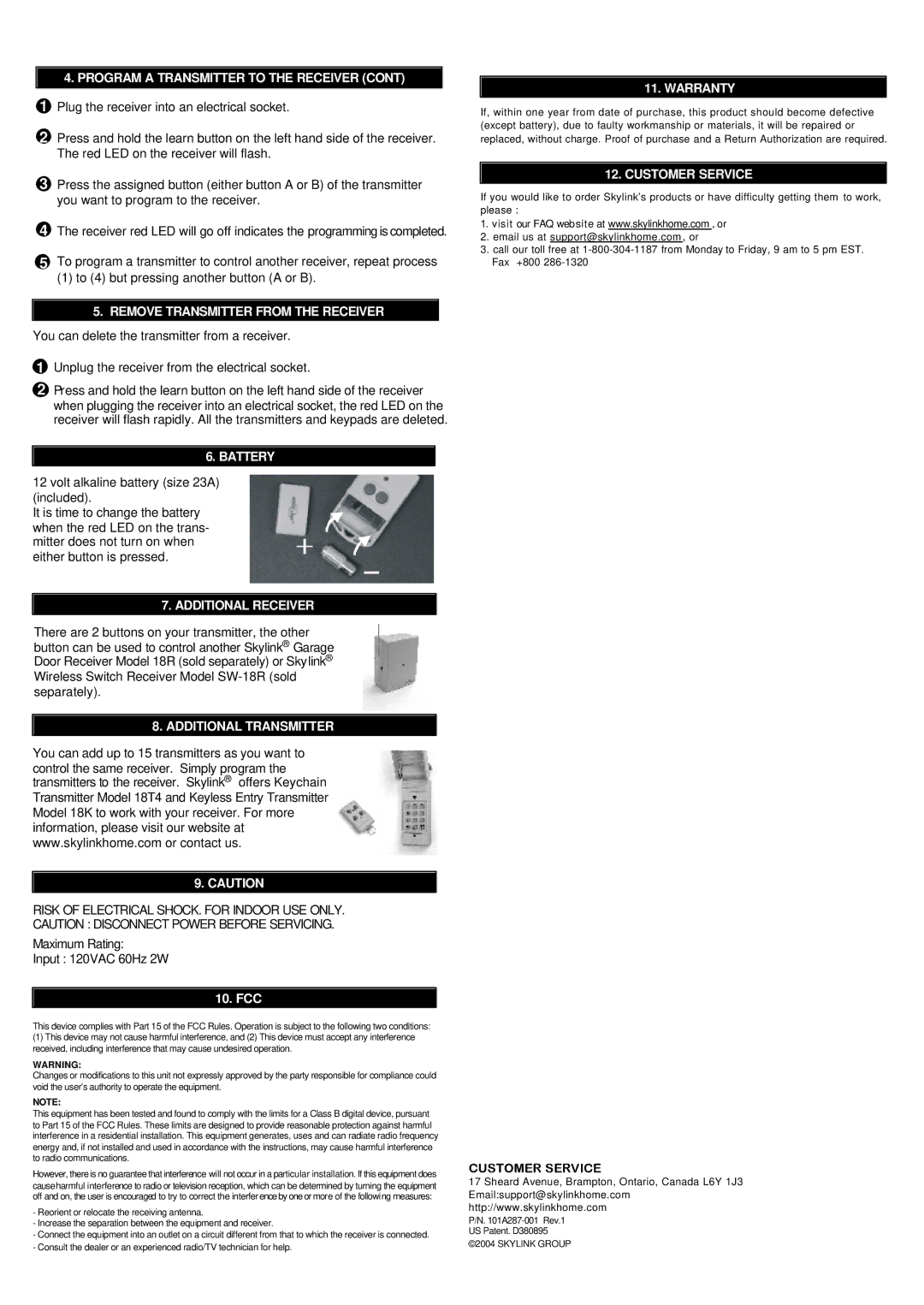 SkyLink 18TR manual Warranty, Customer Service, Battery, Additional Receiver, Additional Transmitter 