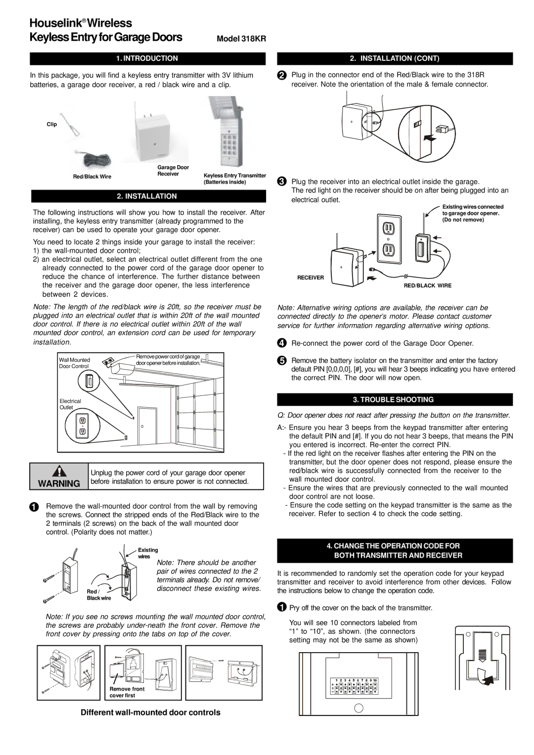 SkyLink manual Model 318KR, Different wall-mounted door controls 