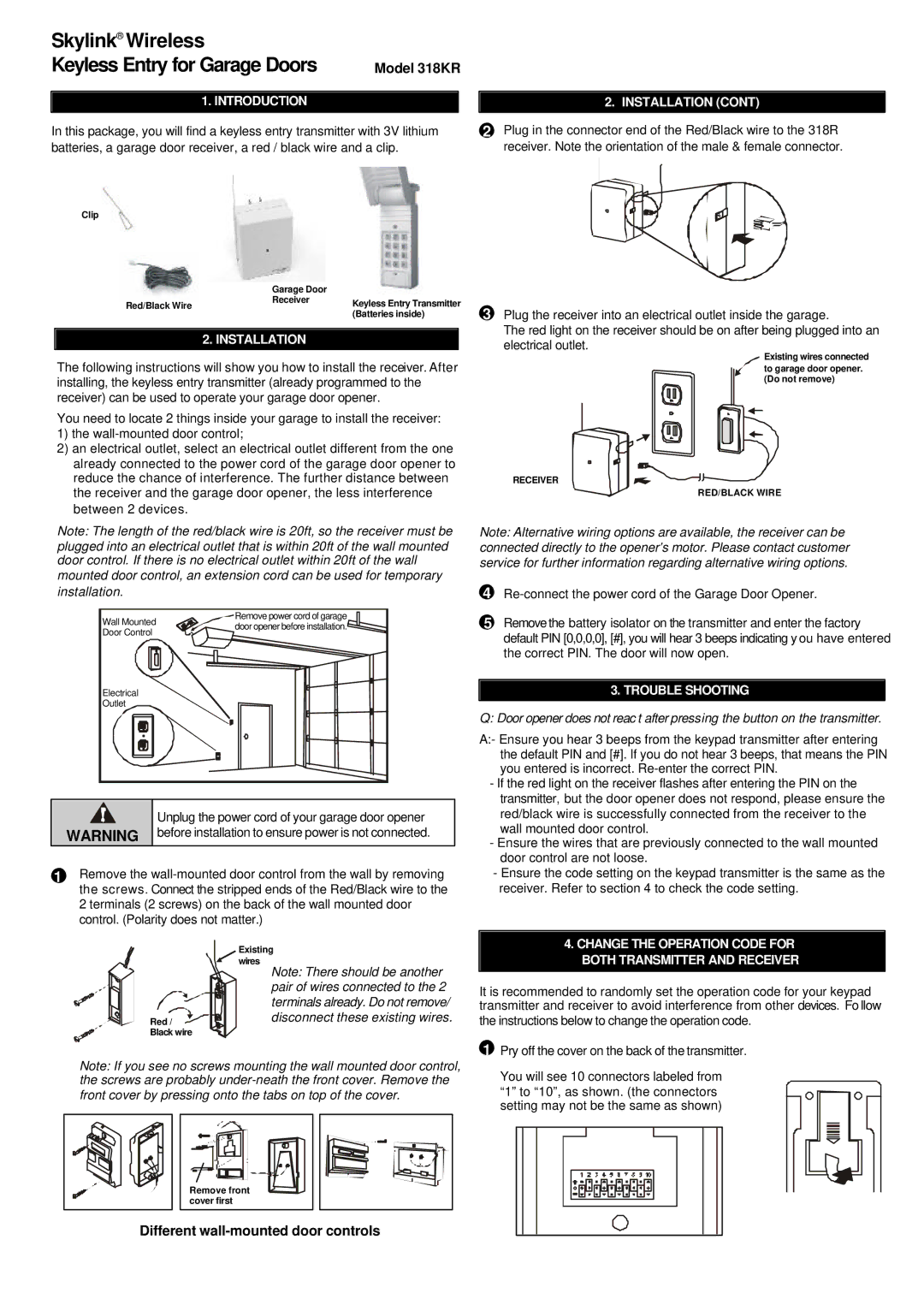 SkyLink manual Model 318KR, Different wall-mounted door controls 