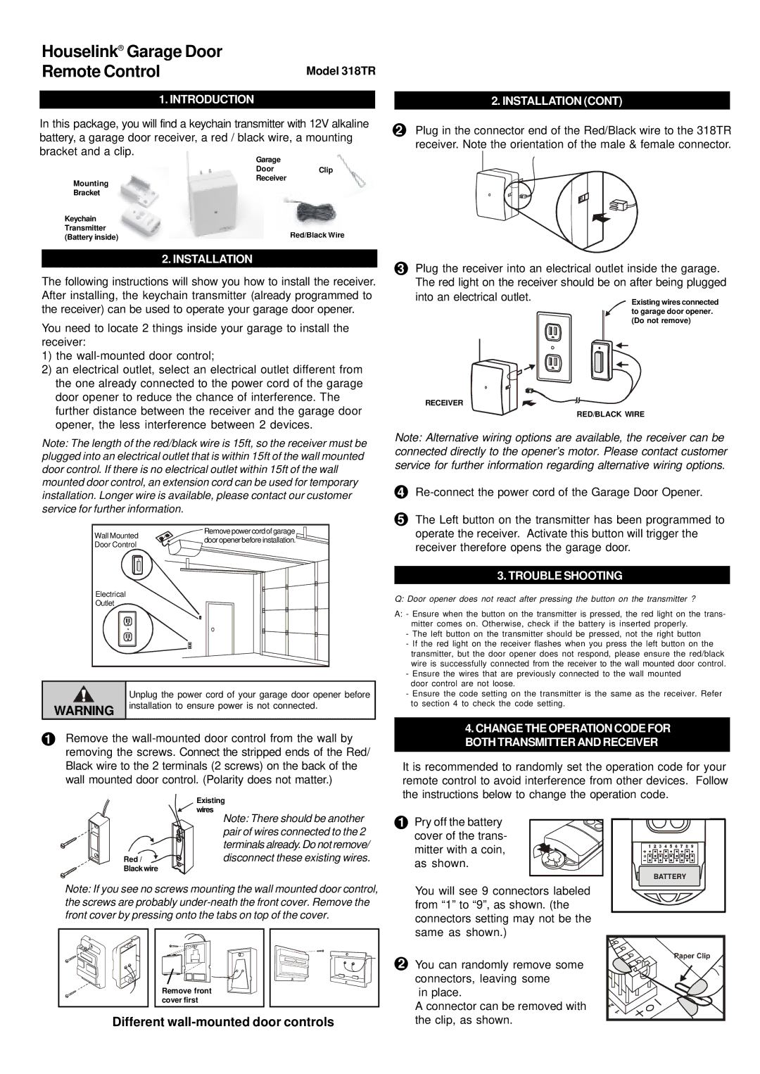 SkyLink 318TR manual Introduction, Installation, Into an electrical outlet, Trouble Shooting 