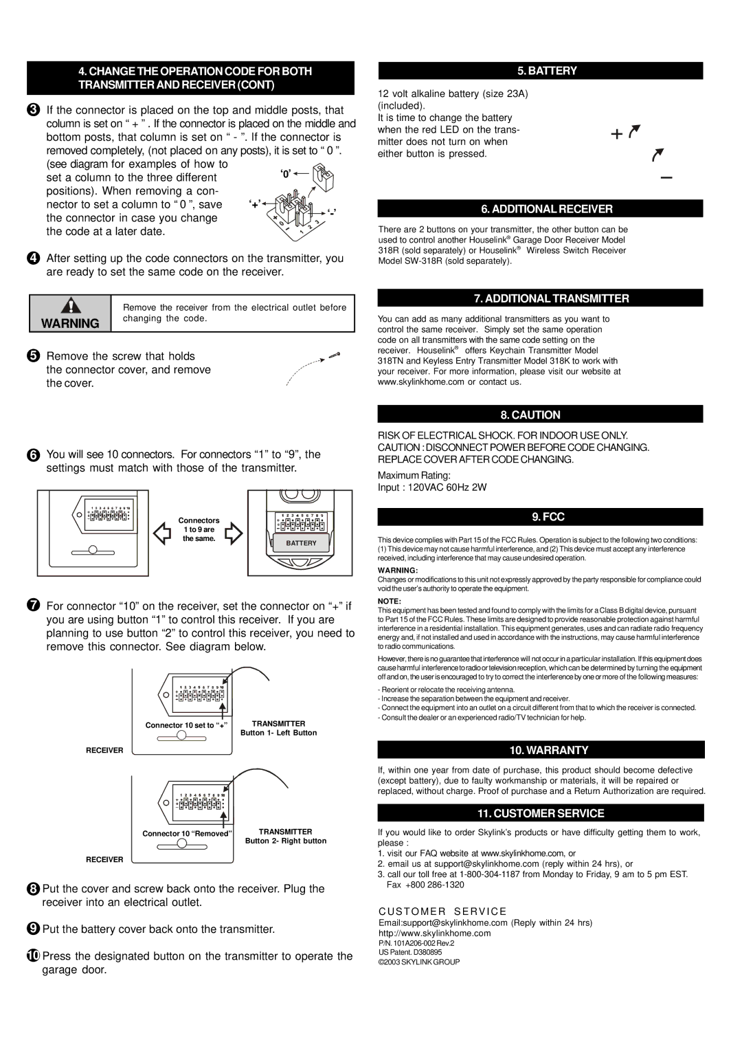 SkyLink 318TR manual Battery, Additional Receiver, Additional Transmitter, Warranty, Customer Service 