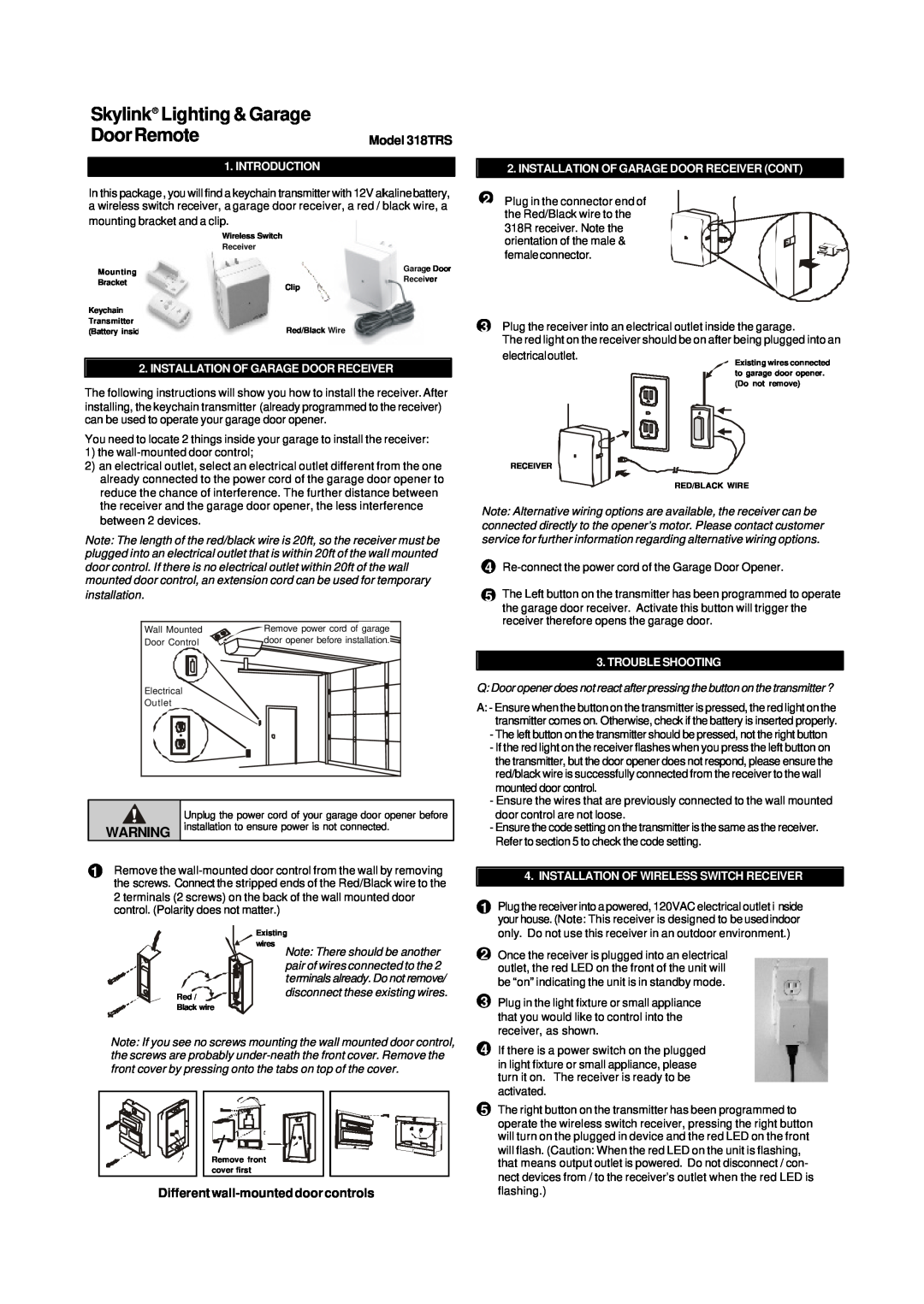 SkyLink manual Different wall-mounteddoor controls, Model 318TRS, Introduction, Installation Of Garage Door Receiver 