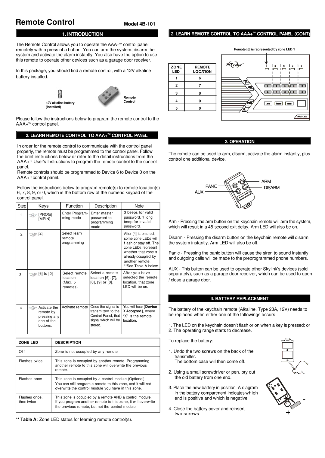 SkyLink 4B-101 manual Learn Remote Control to AAA+TM Control Panel, Operation, Battery Replacement 