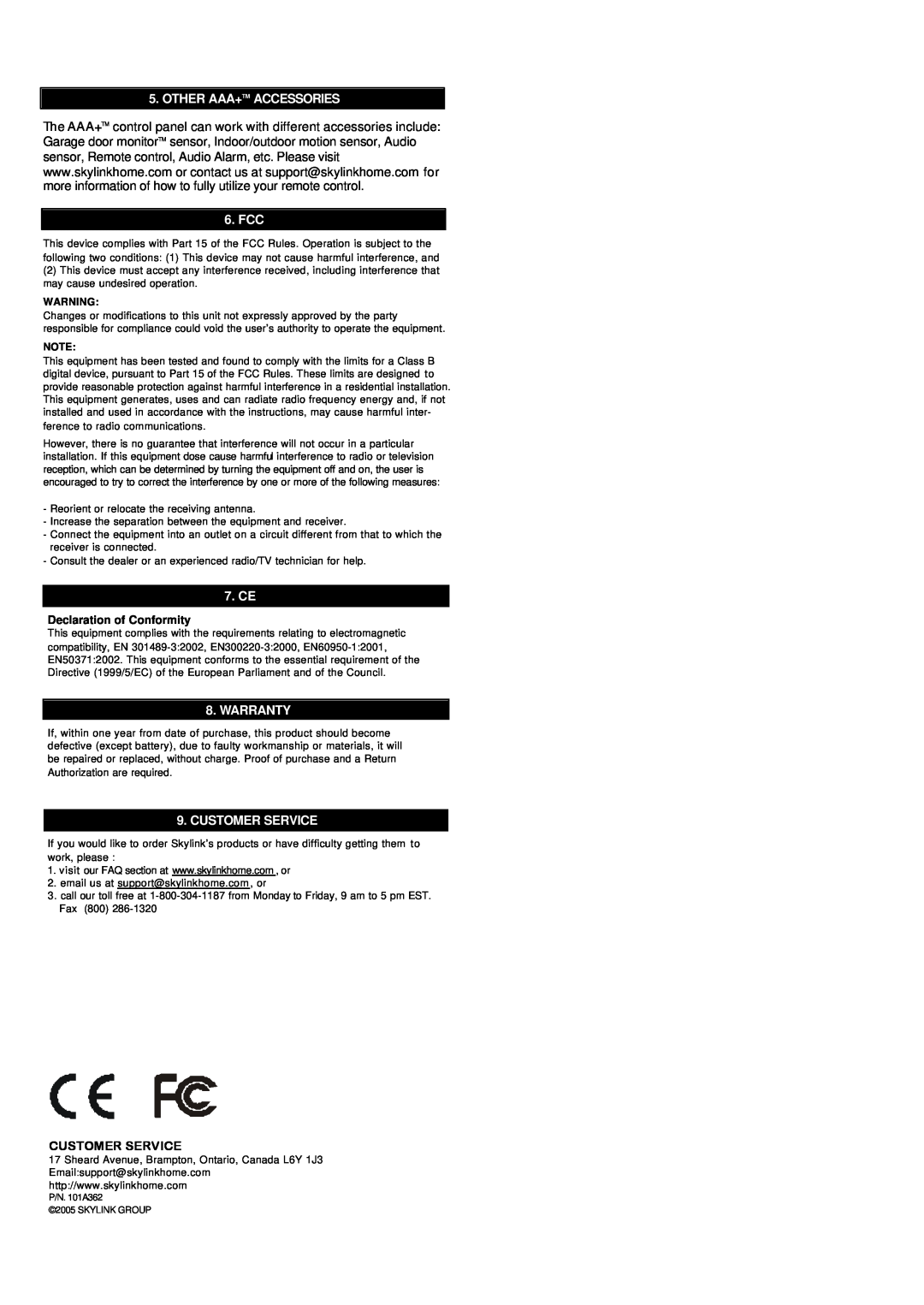 SkyLink 4B-101 manual Other Aaa+Tm Accessories, Fcc, 7. CE, Warranty, Customer Service, Declaration of Conformity 