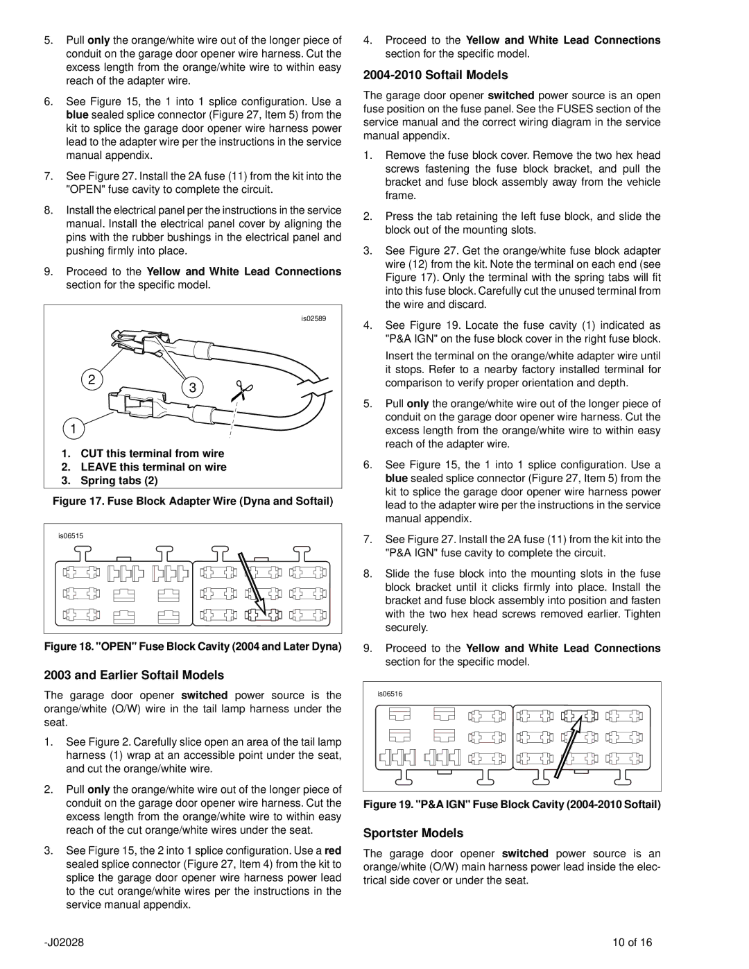 SkyLink 91558-01A, 91561-01, 91562-01 service manual Softail Models, Fuse Block Adapter Wire Dyna and Softail 